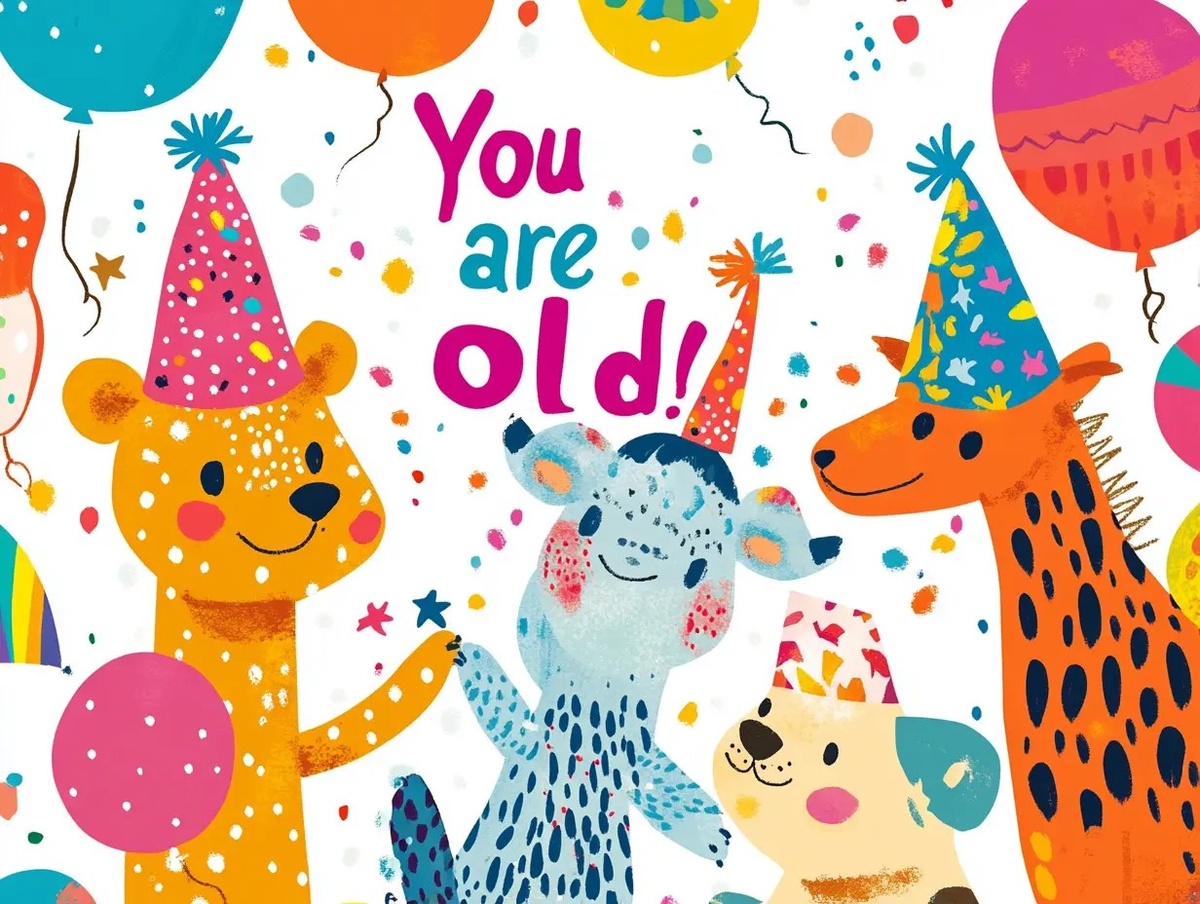    Праздничная открытка с мультяшными персонажами и воздушными шарами