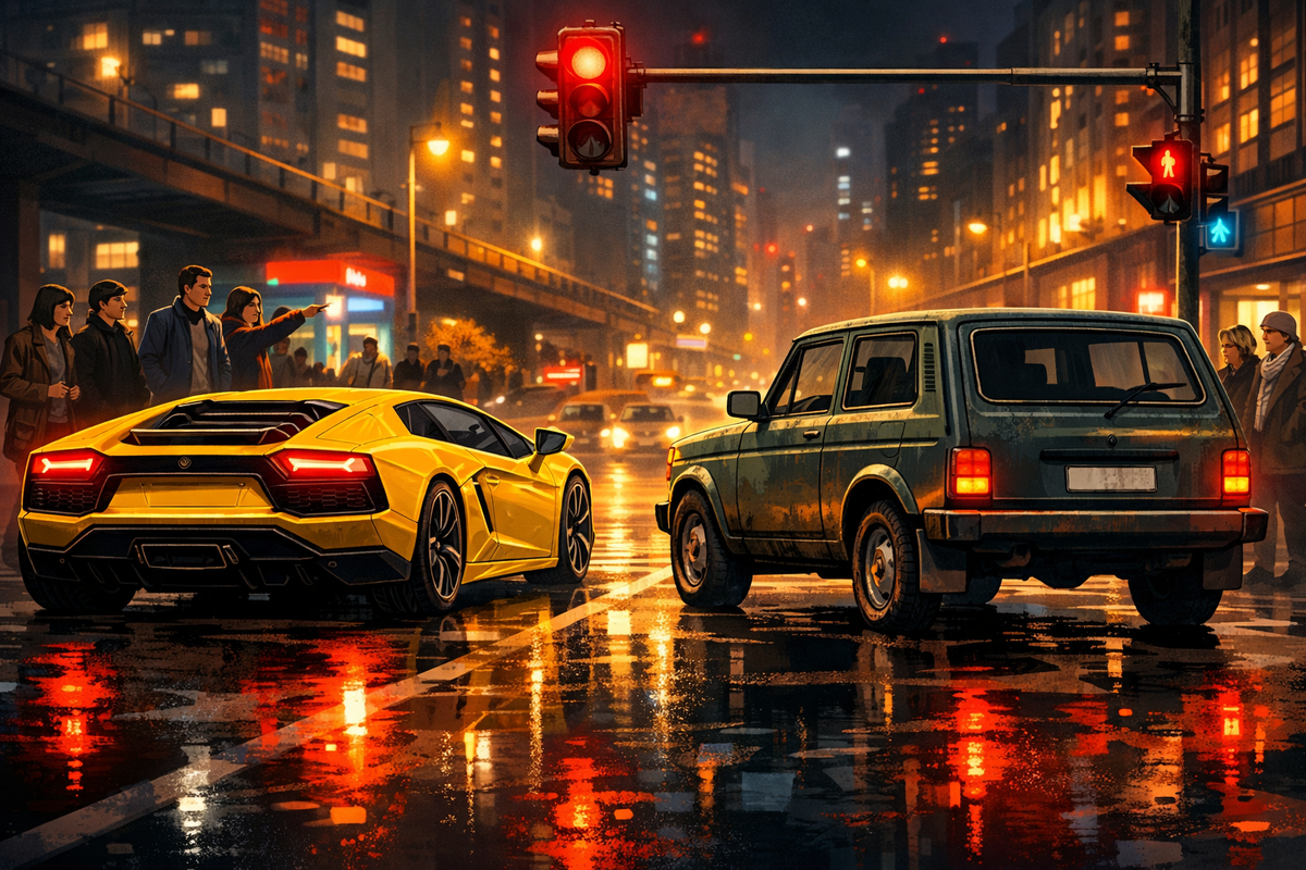 Контраст двух машин на светофоре