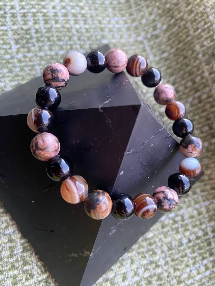 Глазковый агат, родонит, чёрный агат