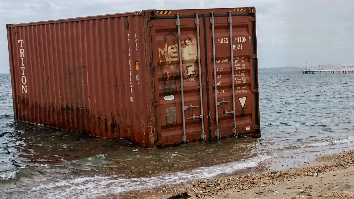 Контейнер прибило к берегу штормом