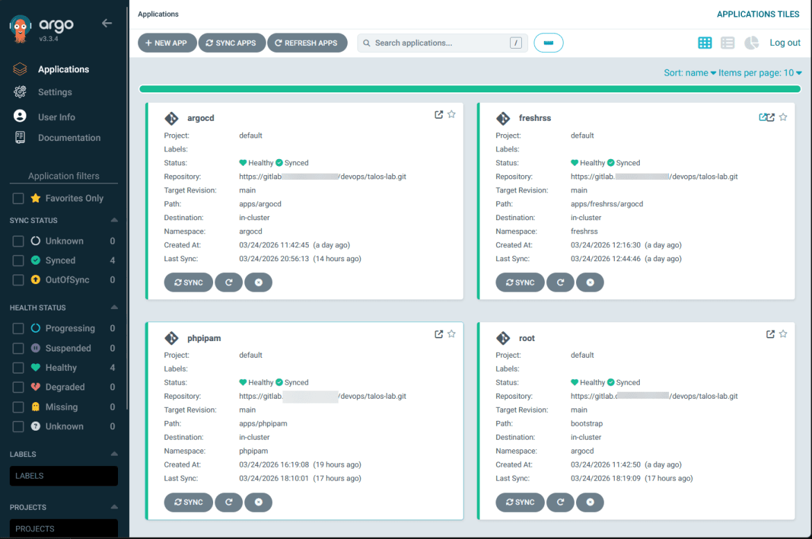 

ArgoCD отображает приложения, развернутые в домашней лаборатории