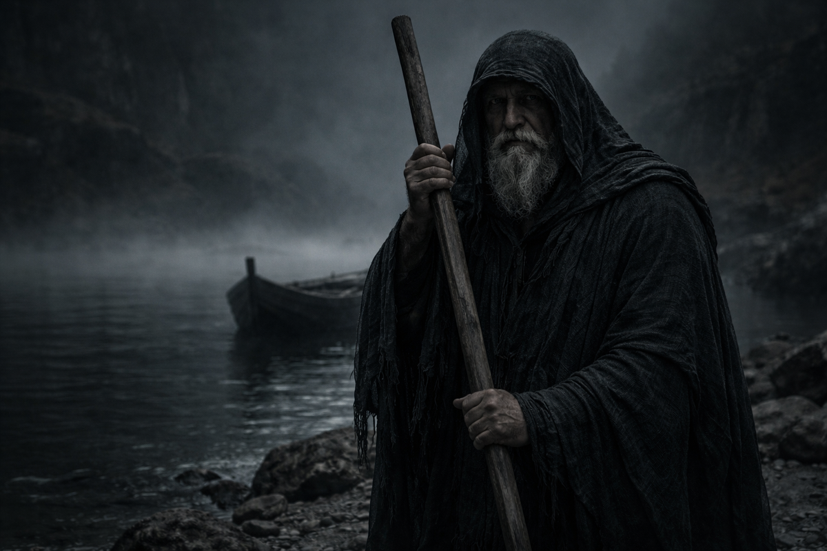 Харон страшен не как чудовище, а как неизбежная фигура перехода: он не судит и не спорит, а просто делает то, что должен.