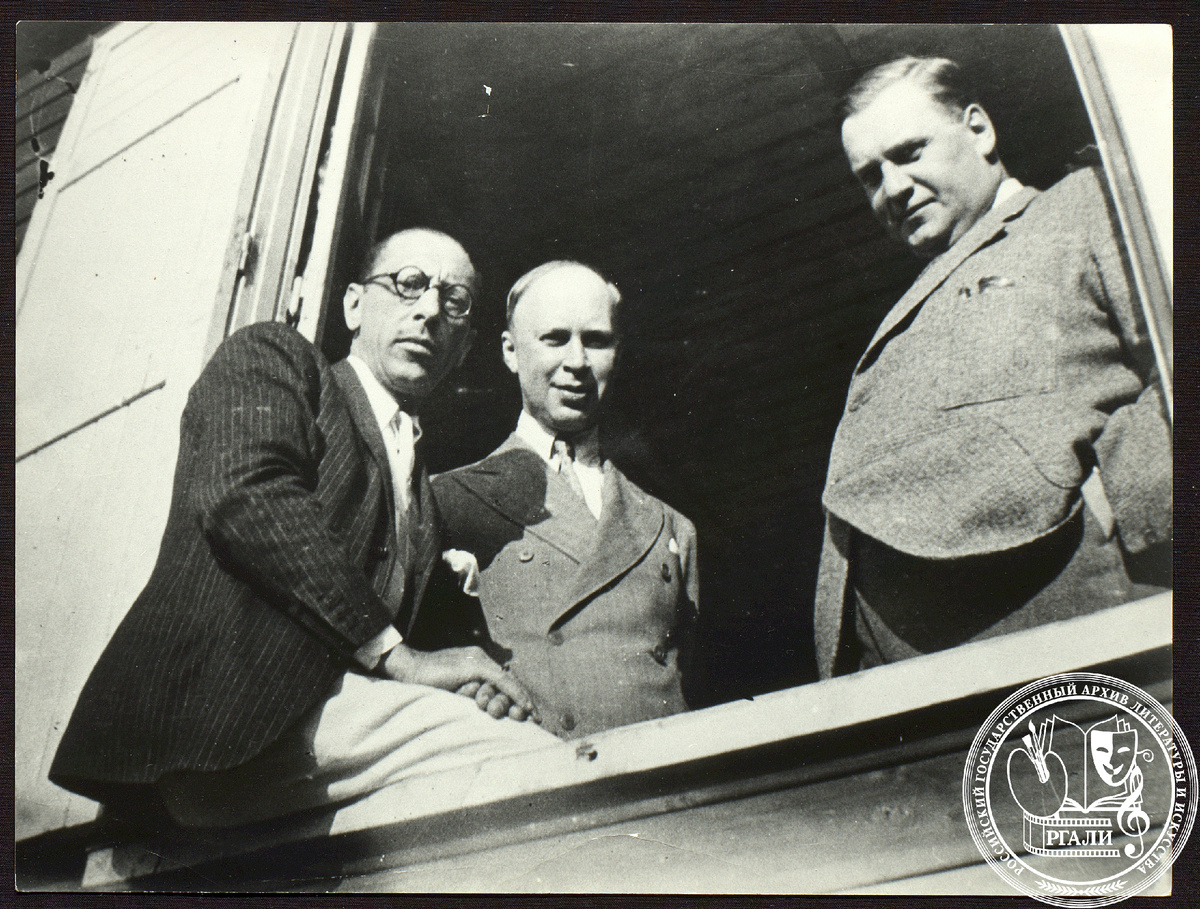 Фотография И.Ф. Стравинского, С.С. Прокофьева и П.П. Сувчинского. 1929 г. РГАЛИ. Ф. 2837. Оп. 1.