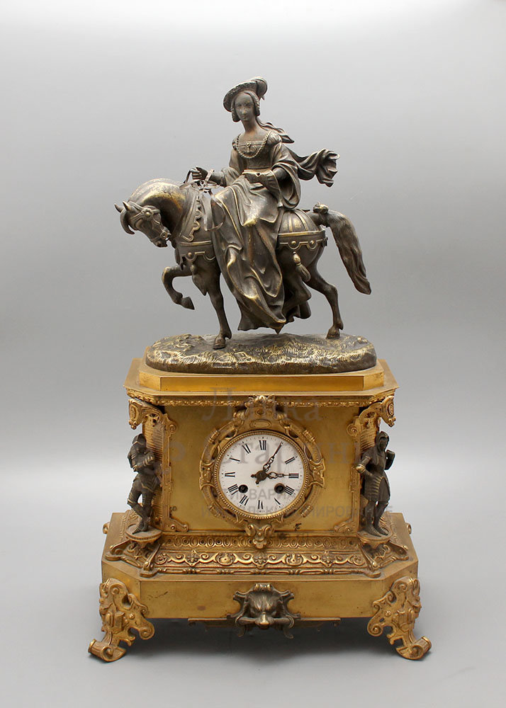 Антикварные каминные часы «Наездница», бронза, Европа, 19 в. 