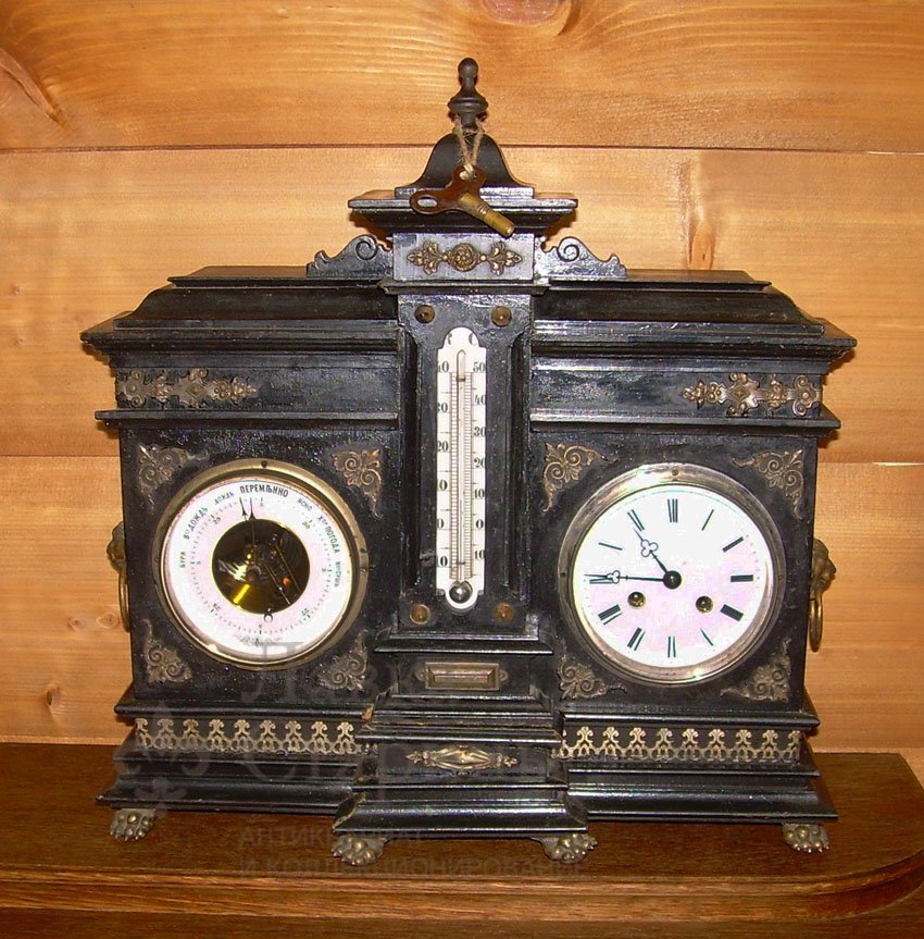 Часы каминные с барометром и термометром, дерево, латунь, Россия, 19 в. 