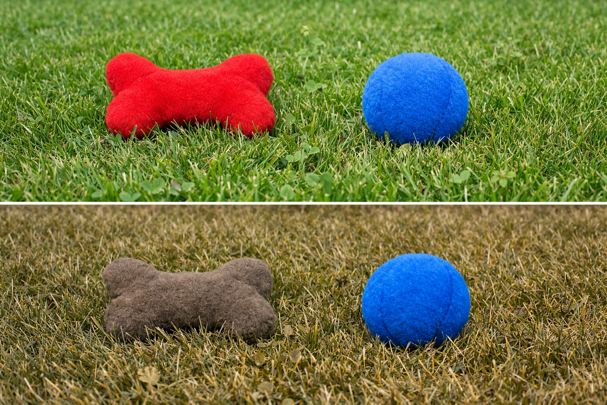 Две игрушки на траве: красная и синяя. Сверху — как видит человек, снизу — как видит собака.