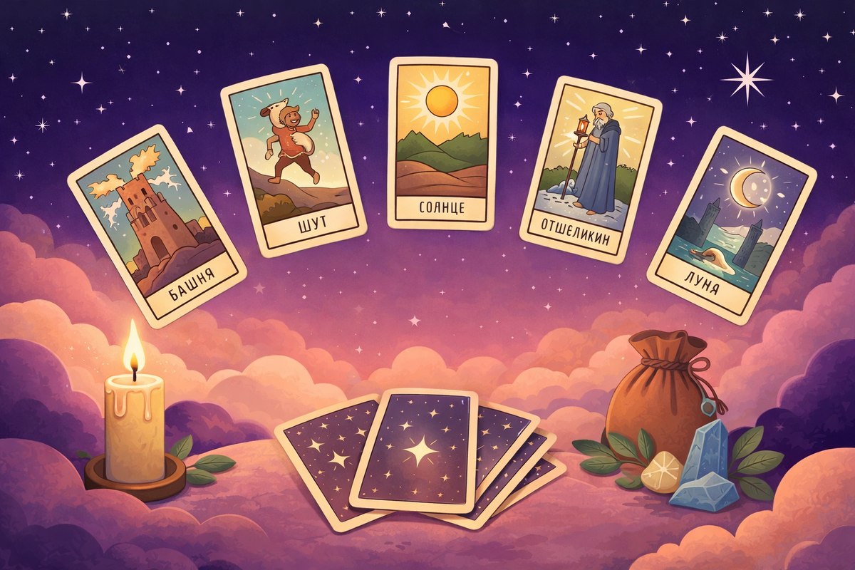Иллюстрация с парящими Арканами передаёт атмосферу, в которой гадание Таро онлайн превращается из шаблонного ответа в осмысленную трактовку.