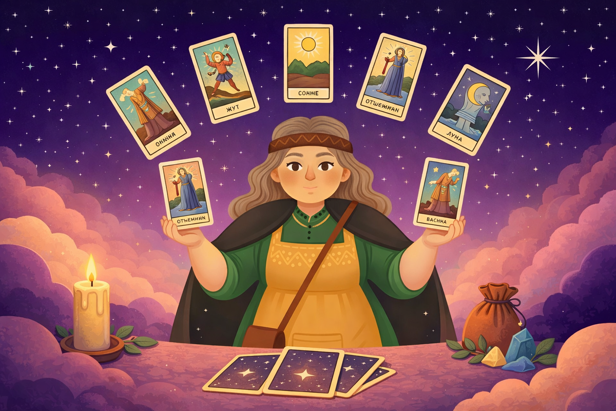 Уютная сцена с Тётей Зиной и картами — наглядно показывает, как работает расклад Таро онлайн бесплатно в формате простого и понятного разбора.