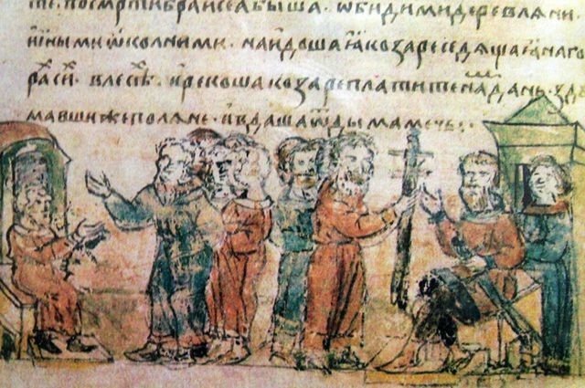 Дань полян хазарам. Миниатюра Радзивилловской летописи, XV в. 