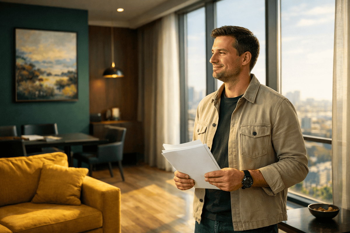 Мужчина с документами в современных апартаментах на фоне панорамных окон