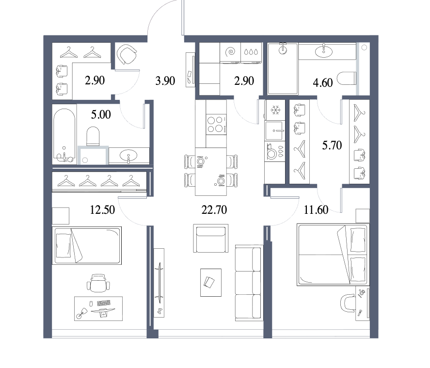 Планировка евро-3 в ЖК Северный порт, корпус 6.3 с видом на воду 