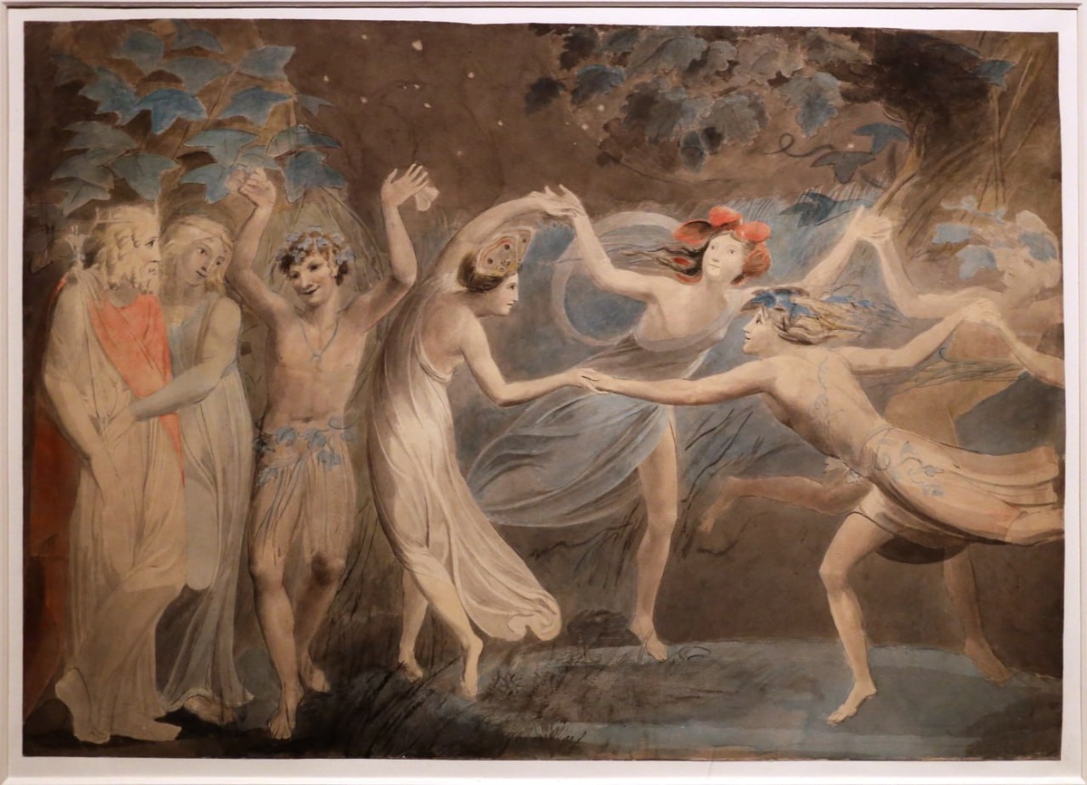 Уильям Блейк. «Оберон, Титания и Пак с танцующими феями» (1786). Галерея Тейт, Лондон. Иллюстрация к Шекспиру, «Сон в летнюю ночь».