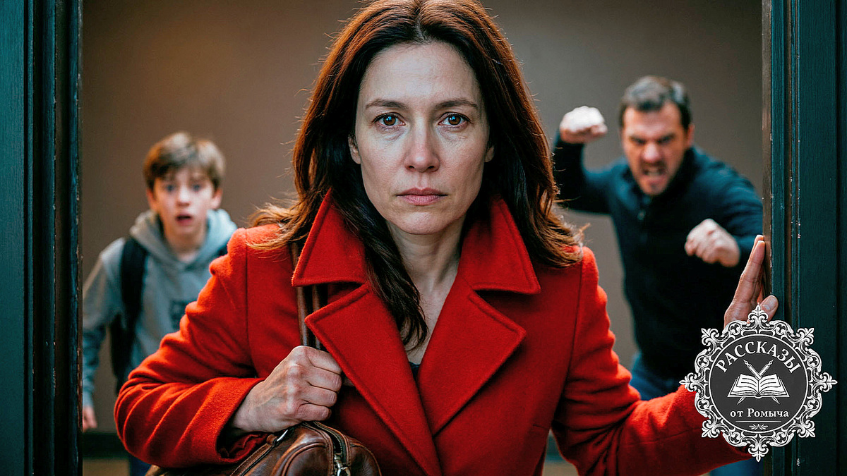 Женщина с темно-русыми волосами и карими глазами, в ярко-красном кашемировом пальто, стоит в дверях темной прихожей. В руках она сжимает дорожную сумку. На заднем плане, в расфокусе, виден испуганный подросток и мужчина, который в ярости размахивает руками. Лицо женщины выражает ледяное спокойствие и решимость, в глазах блестит непролитая слеза.