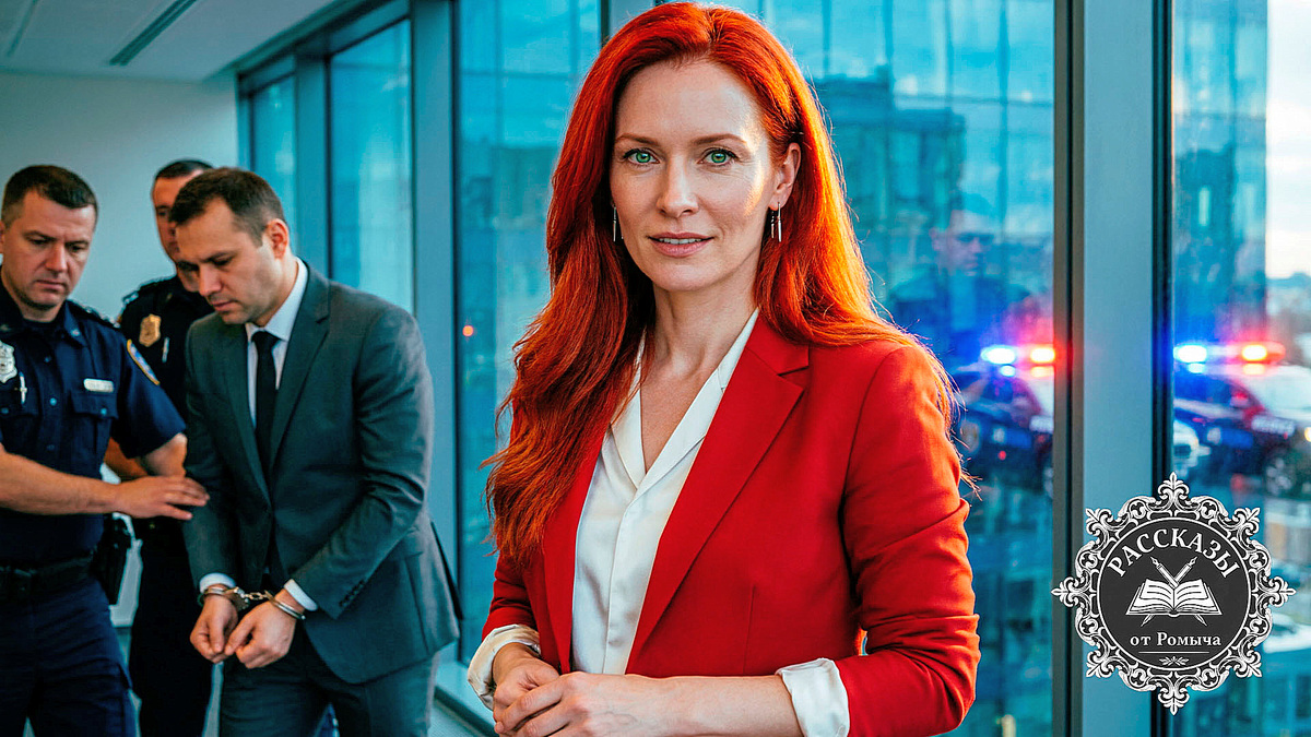 Женщина с ярко-рыжими волосами и зелеными глазами, в ярко-красном деловом пиджаке, стоит на фоне офисного окна, в котором отражаются огни полицейских мигалок. На заднем плане двое мужчин в костюмах, один из них в наручниках, их уводит полиция.