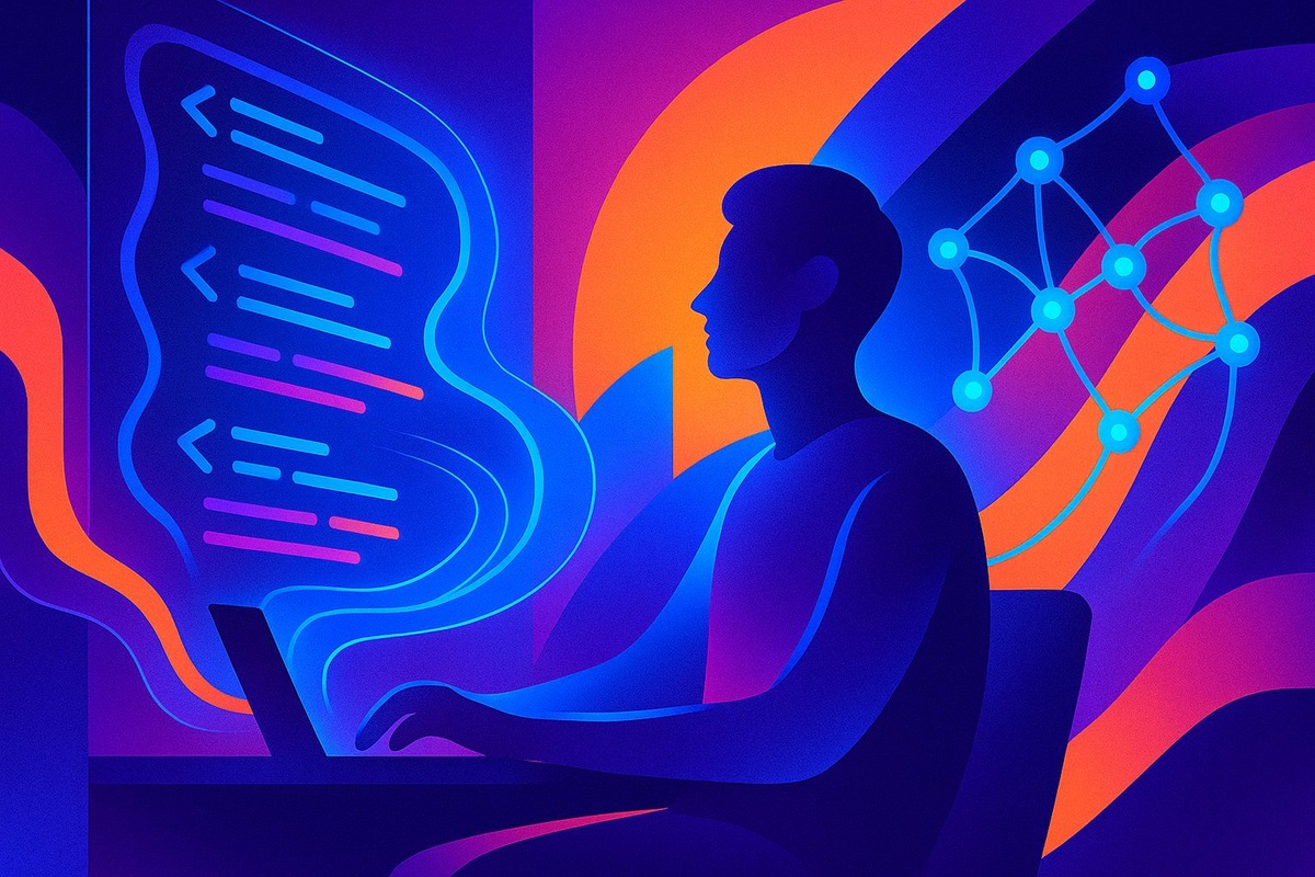    Вайб-кодинг — разработка с помощью ИИ: абстрактная иллюстрация