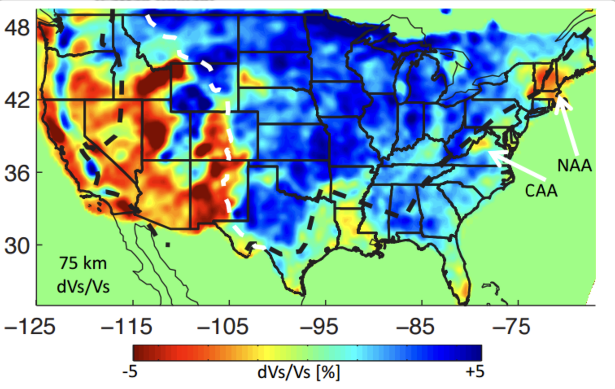 Карта сейсмической томографии под США с выделенными NAA и CAA 
