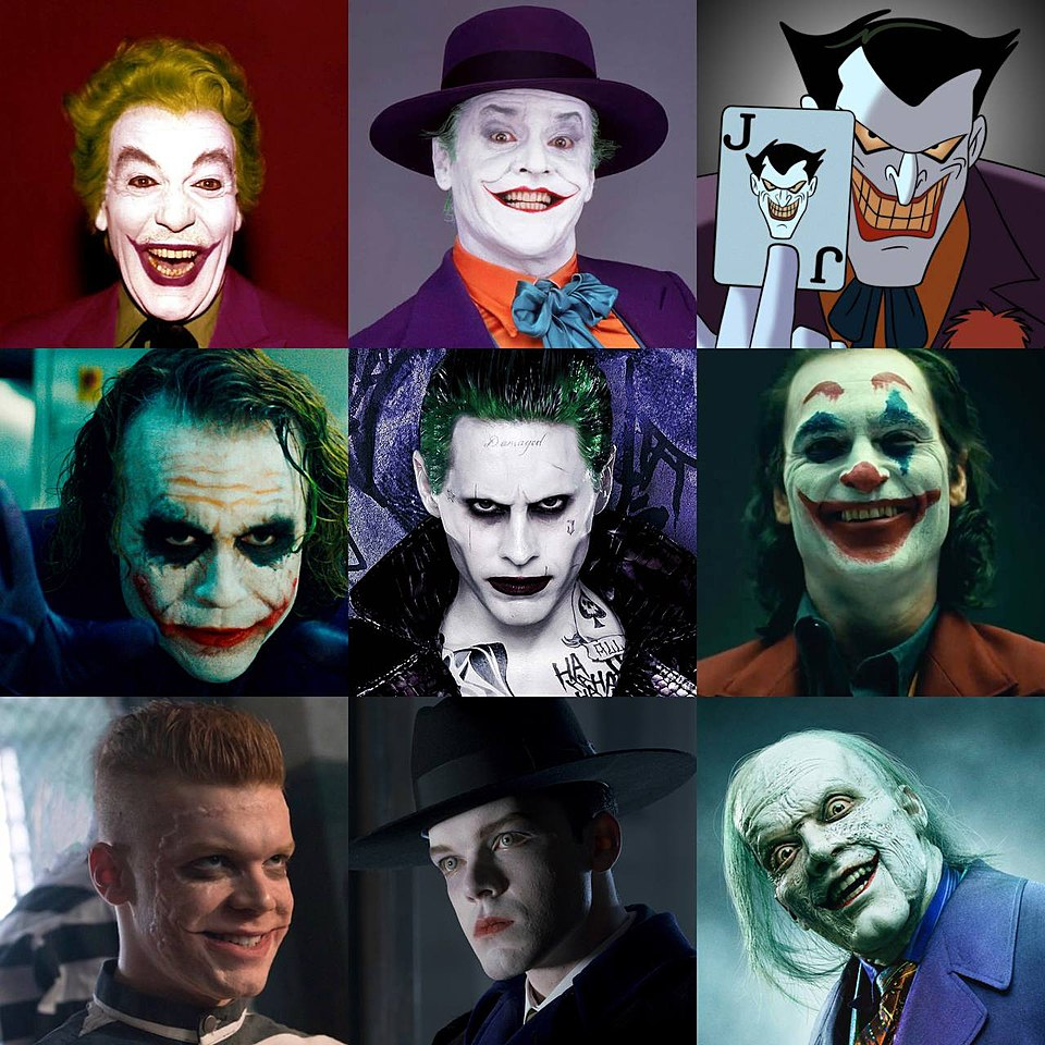 Кадры: все исполнители роли Джокера Сверху: Сизар Ромеро, Джек Николсон и Марк Хэмилл (озвучивание)
Центр: Хит Леджер, Джаред Лето и Хоакин Феникс
Снизу: Камерон Монахэн