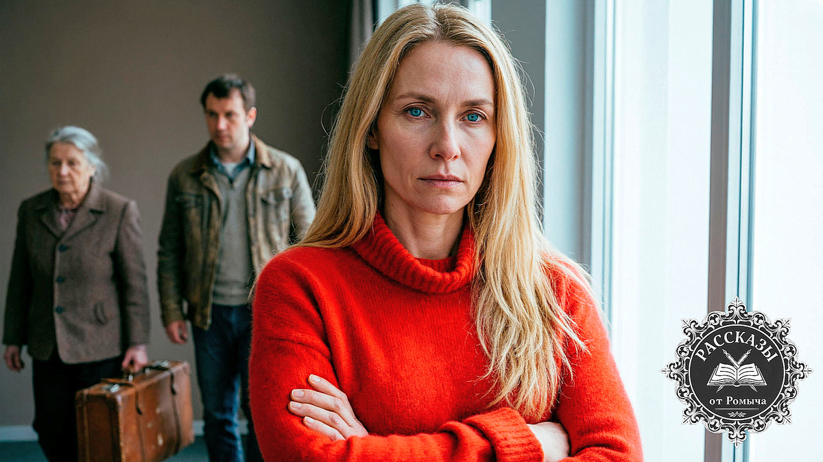 Женщина, светлый блонд, голубые глаза, в ярко-красном кашемировом свитере. Она стоит у окна, сложив руки на груди, с выражением холодного торжества и усталости. На заднем плане, в расфокусе и тусклых тонах, мужчина в дешевой куртке и пожилая женщина с баулами уходят к выходу.