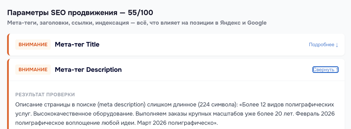 Скриншот отчёта из онлайн-аудита Аналито