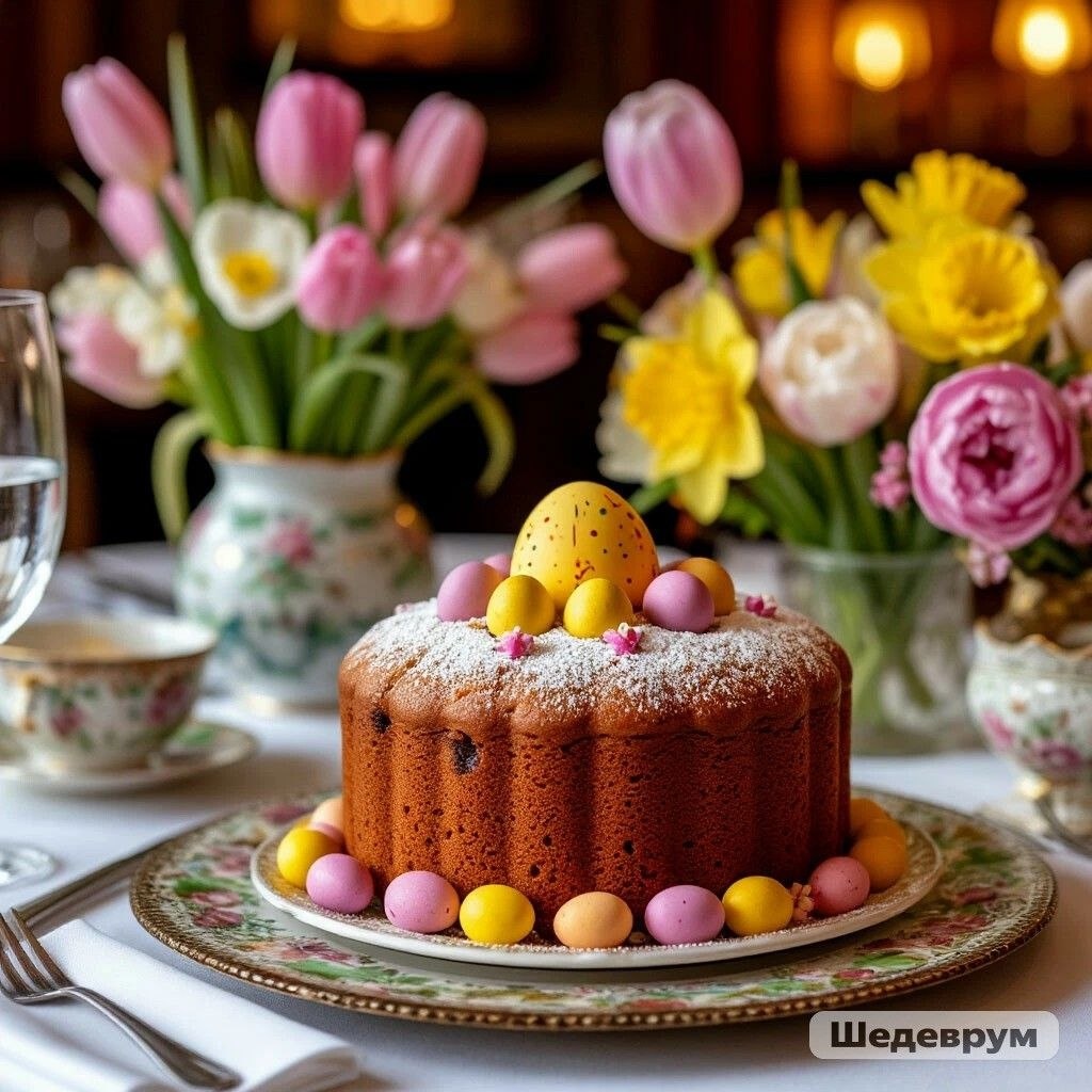 Пасхальный кулич на праздничном столе, изображение сгенерировано ИИ