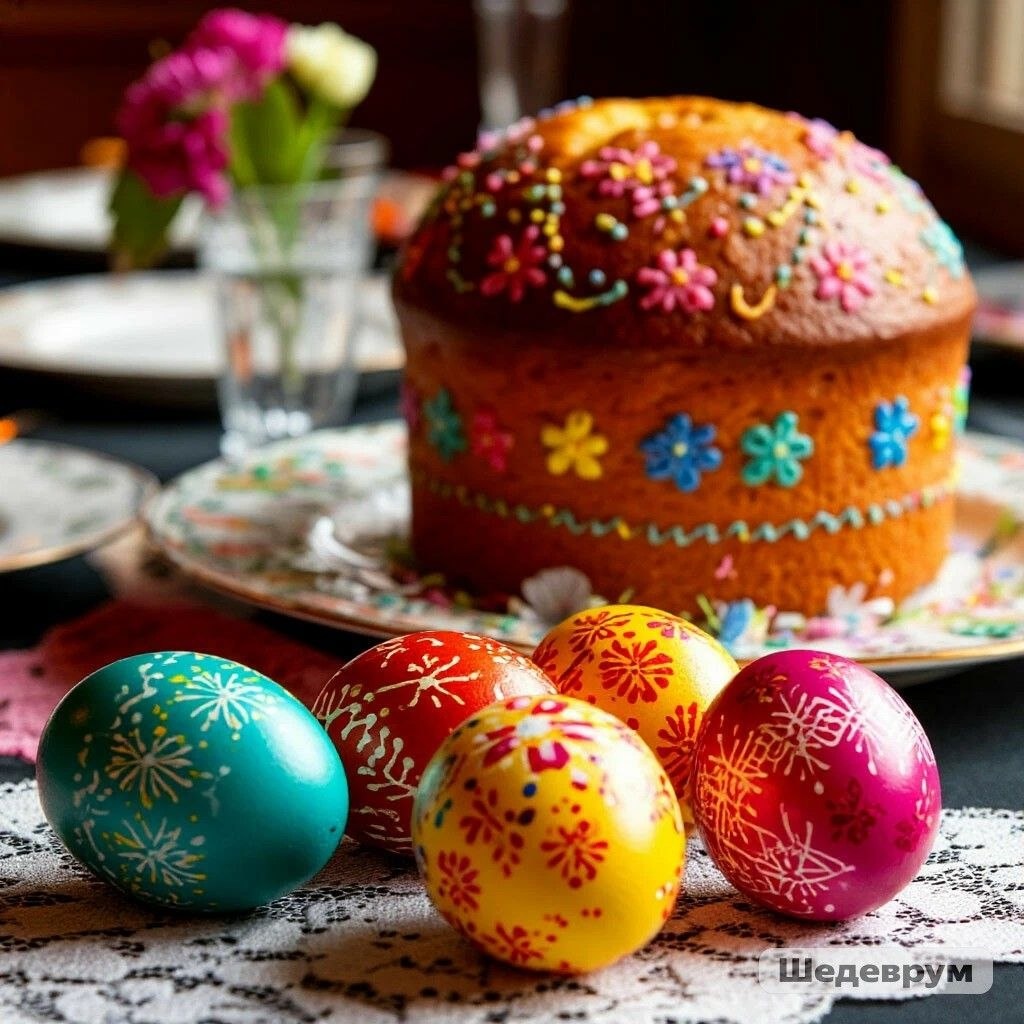 Пасхальный кулич на праздничном столе, изображение сгенерировано ИИ