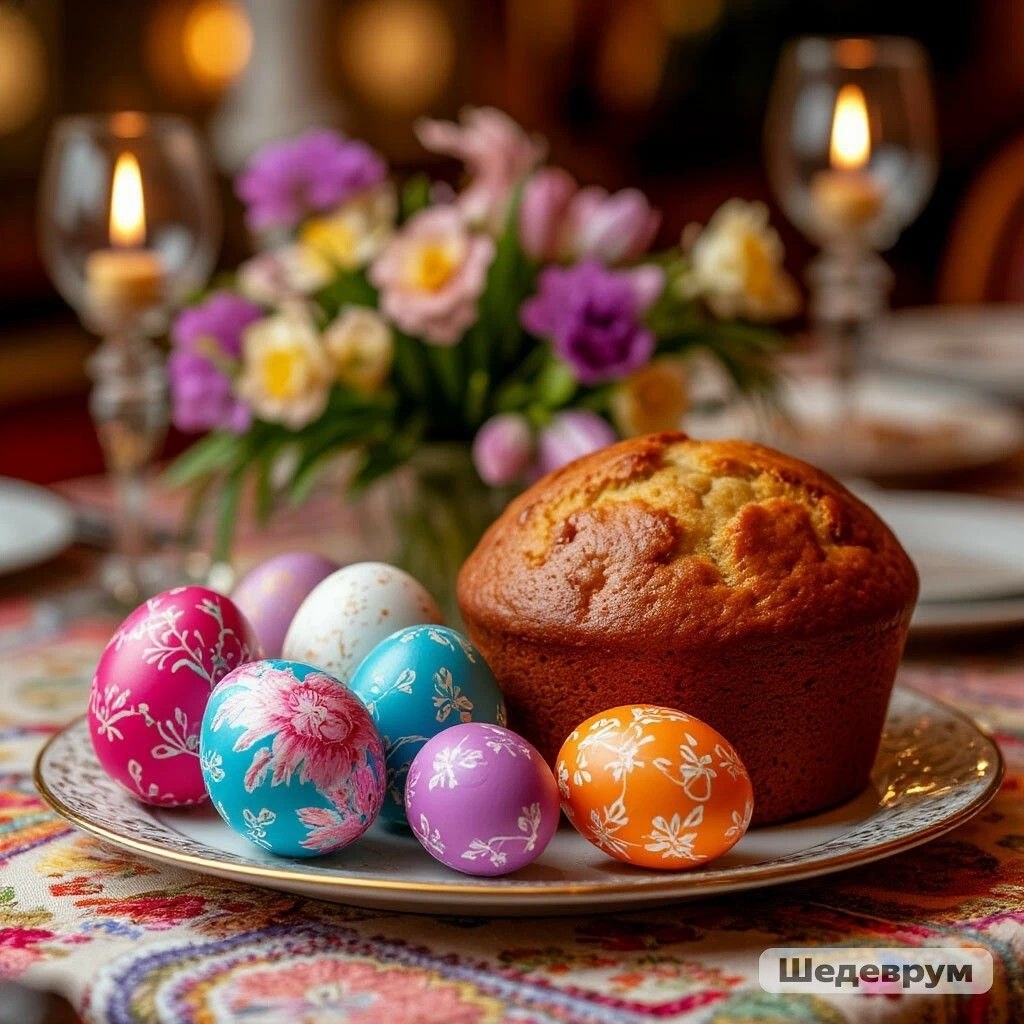 Пасхальные яйца с шелковым узором на праздничном столе, изображение сгенерировано ИИ