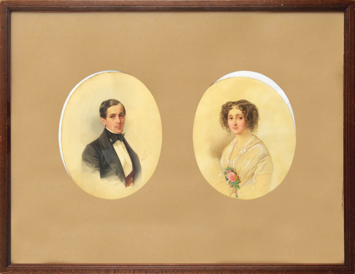 Парные портреты Ф.Н. и А.М.Челищевых, 1851 г., материалы: бумага, акварель, размеры: 18,5 х 15 см. Источник: https://peterburg-auction.ru