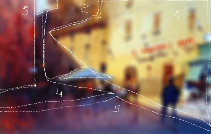 Выделила эти 5 пятен на акварели Альваро Кастаньета, но по большому счету некоторые можно объединить и сделать только 3. Это область тени 2 и  3 и область глубокой тени 4 и 5. Пролистайте дальше, чтобы увидеть саму акварель: как он круто вплавляет цвета друг в друга в этих теневых областях