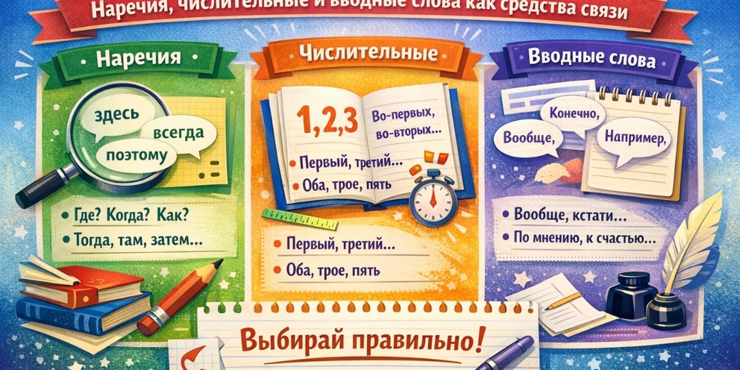 Задание 1 ЕГЭ по русскому языку: Наречия, числительные и вводные слова как средства связи