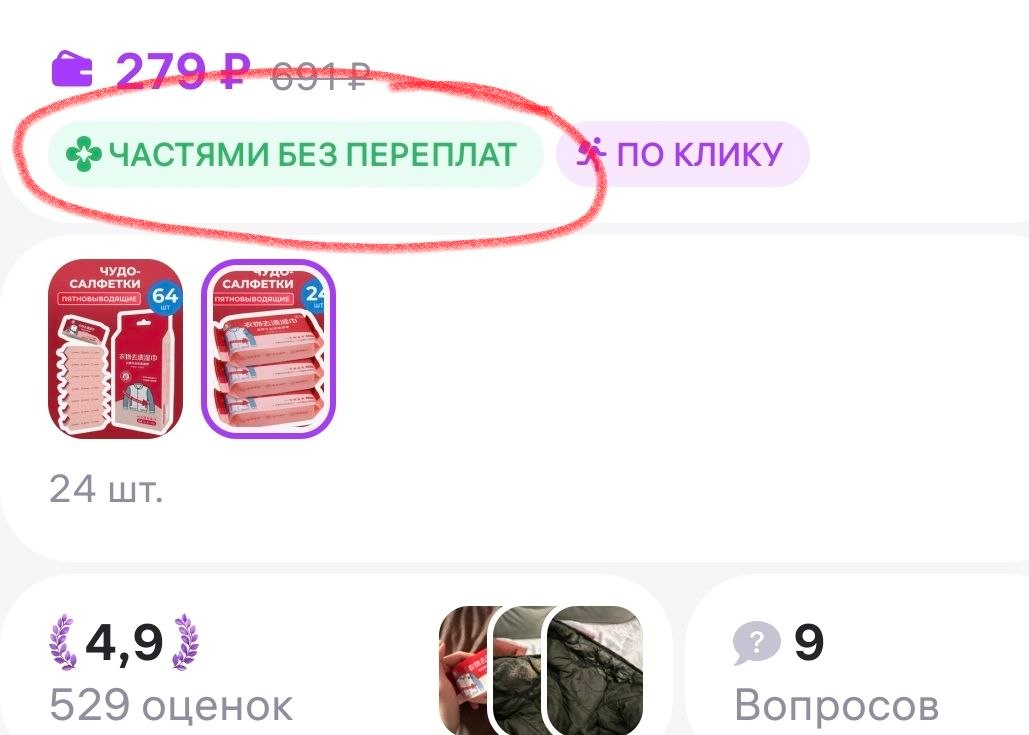 Скриншот из приложения WB. Вот такой значок должен иметь товар, чтобы купить его в рассрочку без переплат.