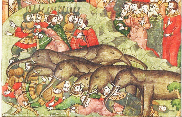 Мамонты нападают на воинов, миниатюра "Лицевого летописного свода".
