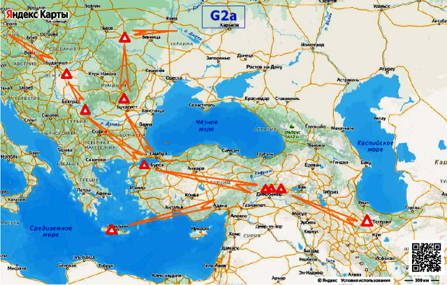 Предположительные пути миграции носителей G2a в Европу.