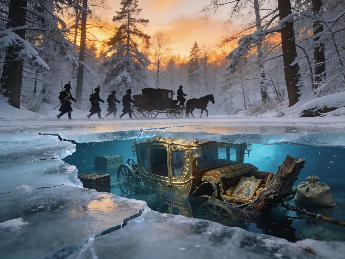 Ноябрь 1812 года, Смоленская дорога. Наполеон отступает из Москвы. В обозе — золото, иконы, реликвии Кремля. На переправе через озеро Стоячее карета провалилась под лёд. Вместе с лошадьми, возницами и сокровищами. 200 лет её ищут. Не нашли. А может, не там ищут? Или золото уже давно подняли казаки? Но легенда живёт. И каждый год кто-то приезжает с лопатой и верит: в этот раз повезёт.