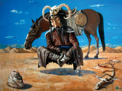 Картина "Левитация сидящего в пустыне бурята"