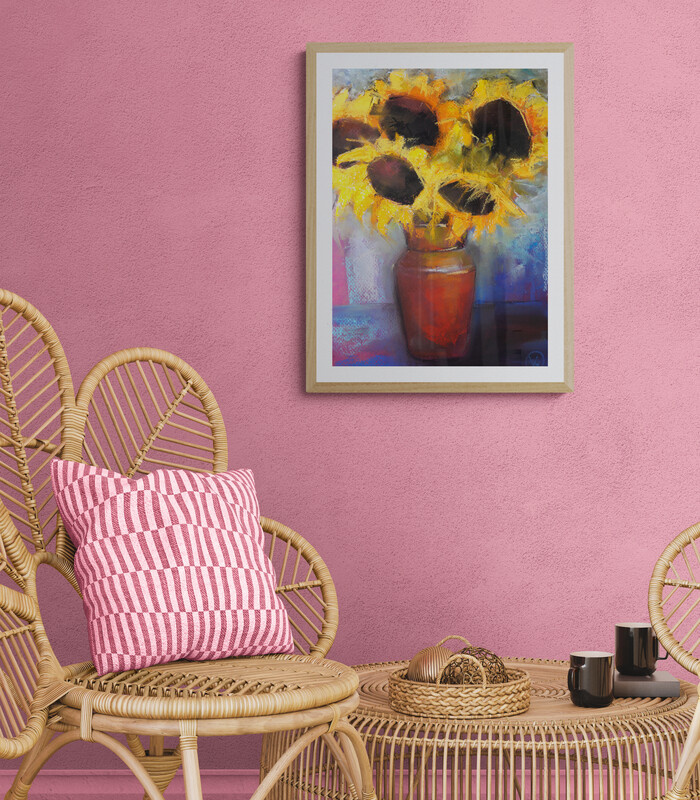 Рисунок «Подсолнухи», 2023. Сухая пастель, акварель, гуашь на бумаге, 25×32,4 см.