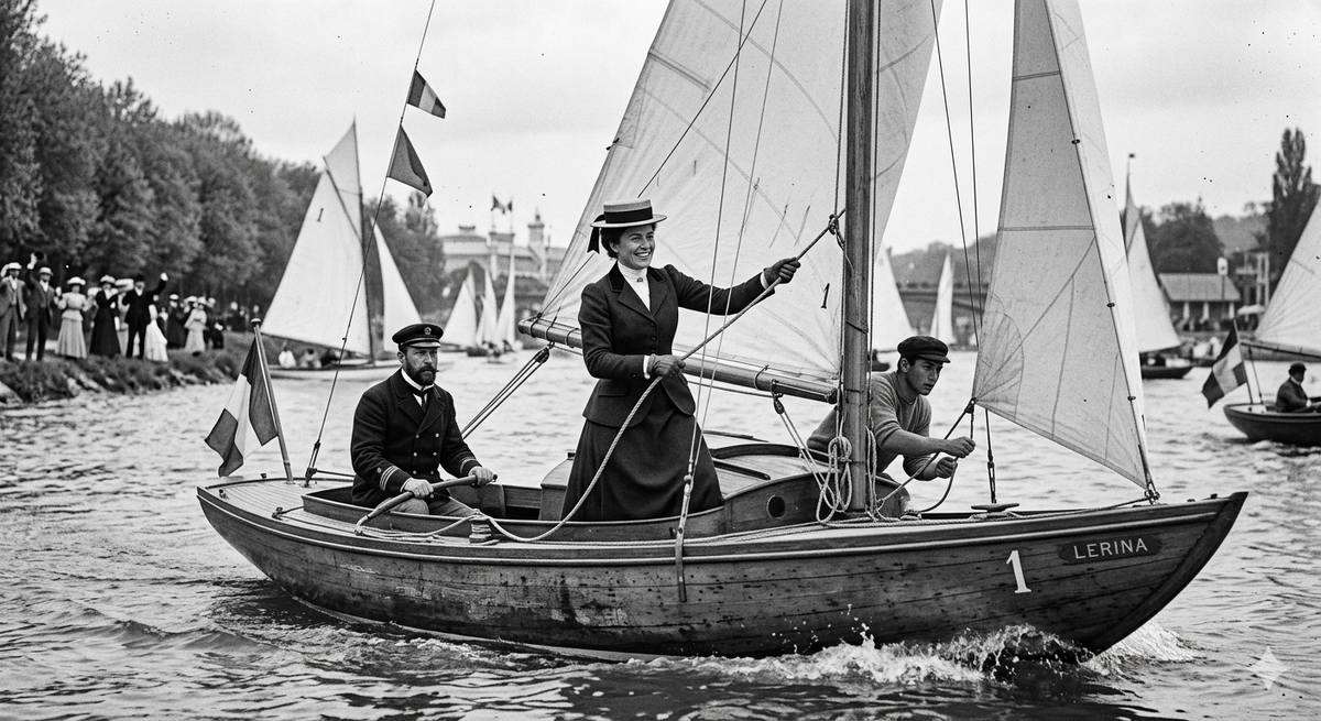 Май 1900 года. Элен де Пуртале управляет яхтой «Лерина» на Сене во время Олимпийских игр в Париже, борясь не только с соперниками, но и с корсетом. Изображение сгенерировано с помощью ИИ.