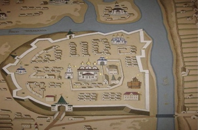 Тверской кремль времен Михаила Ярославича на развилке двух рек: Волги и Тьмаки. В верхней части изображен зверинец. Яндекс.Картинки