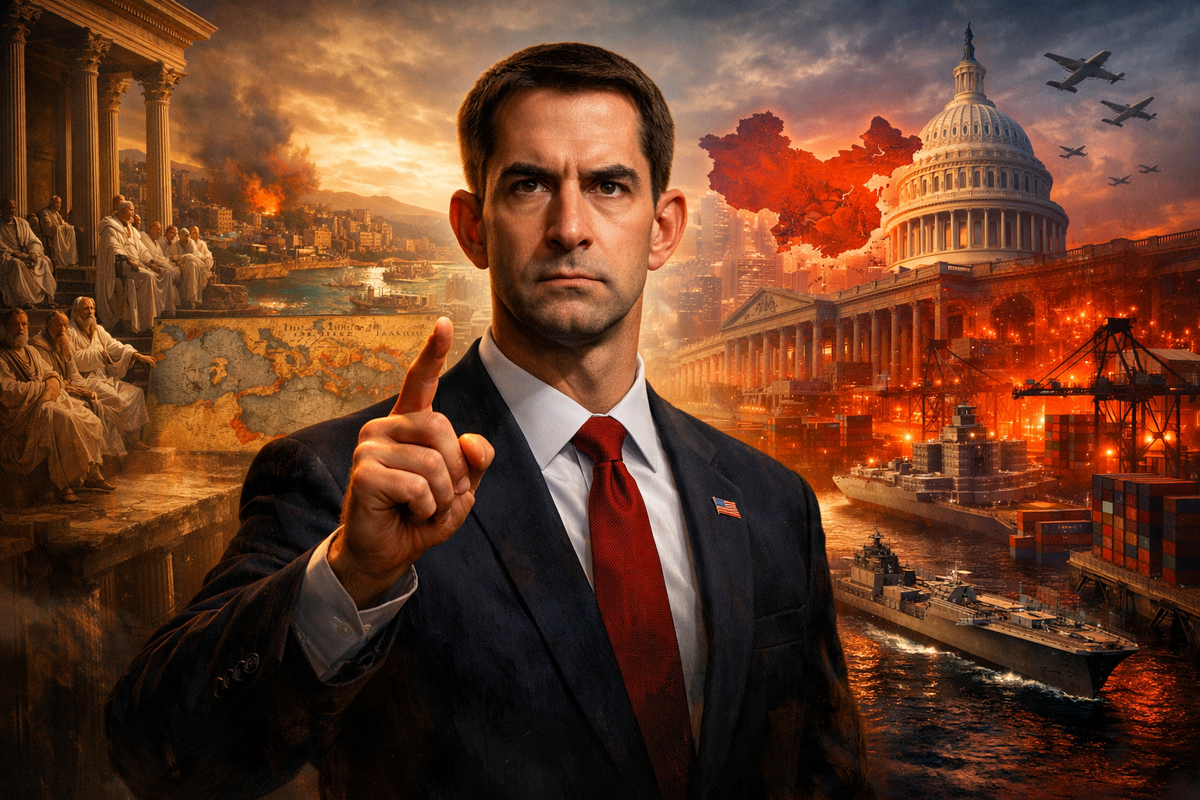 Большая многослойная композиция. На переднем плане — современный американский сенатор в строгом костюме, чертами напоминающий Томa Коттона, но в пластике римского сенатора Катона: жёсткий взгляд, поднятая рука, ощущение приговора. Слева — древний римский сенат, мрамор, колонны, тоги, карта Карфагена. Справа — современный Вашингтон, Капитолий, карта Китая, порты, заводы, контейнерные суда, чипы, военные корабли и красное свечение стратегического соперничества. Атмосфера исторической рифмы, сурового предупреждения и большого выбора.