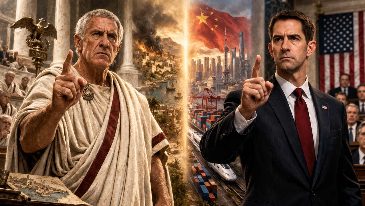 Два сенатора из разных эпох в одной композиции. Слева — Катон Старший в римском сенате, поднятая рука, суровое лицо, мрамор и тоги. Справа — современный американский сенатор, напоминающий Томa Коттона, в зале Конгресса, с тем же жестом, тем же холодным выражением лица. Между ними в световом переходе — Карфаген и современный Китай как два образа стратегического соперника. Атмосфера исторической рифмы и повторения имперской логики.