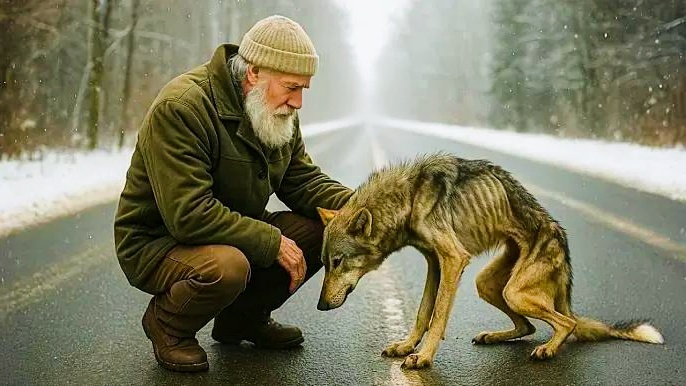 Дядя Максим нашёл на трассе худого волка, и спас его. А он поблагодарил его , когда это было нужно