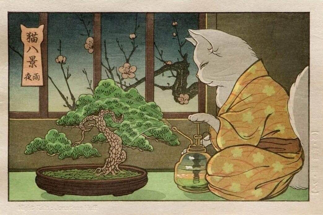 «Ночной дождь» (夜雨). Серия «Восемь видов кошек» (猫八景)