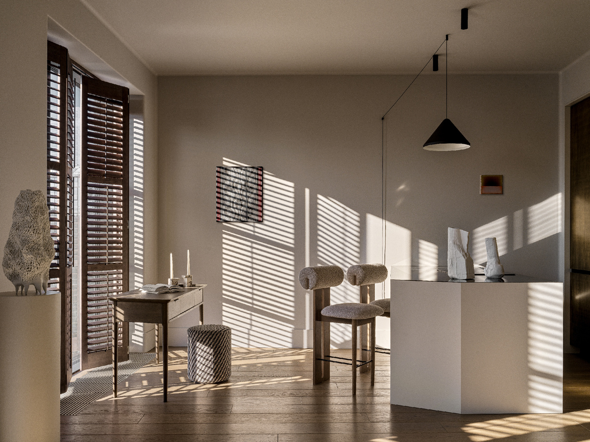 Кухня и туалетный столик, который был в ТЗ хозяйки. Стулья Norr11, подвесной светильник Vibia.