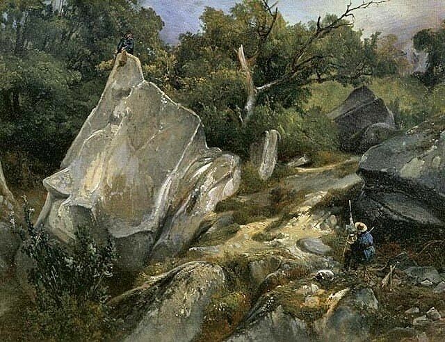 На картине Огюстена Энфантена «Художник за работой в лесу Фонтенбло» (ок. 1825) с помощью воздушной перспективы подчеркивается одиночество художника в суровом пейзаже.