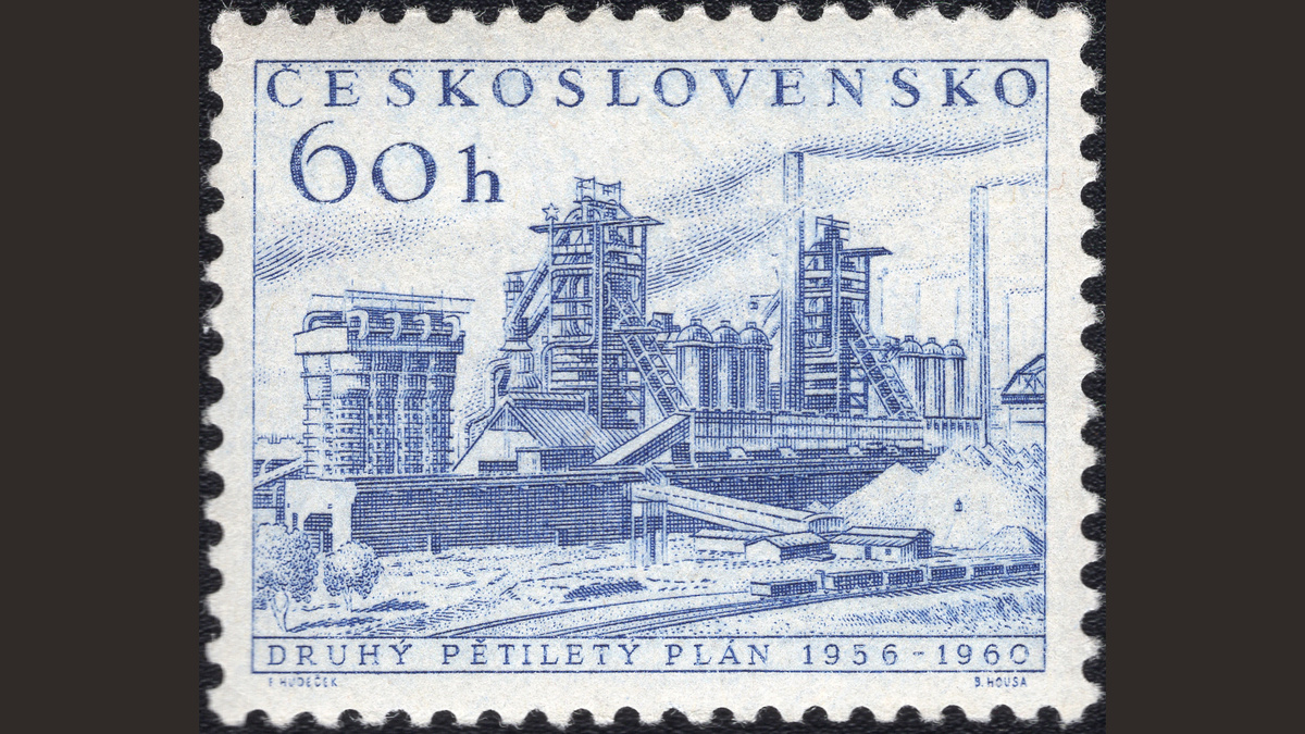 1. Чехословакия, 1956 год, № 953. Грузовые вагоны на металлургическом заводе. Второй пятилетний план (1956-1960). В галерее полная серия (нажмите правую стрелку).