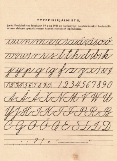 Образец каллиграфического письма, утверждённый Финским школьным управлением (Kouluhallitus) 19 октября 1931 года. Такие прописи десятилетиями были обязательными для всех финских школ — до реформы 2016 года, когда курсив перестал быть частью государственной учебной программы.