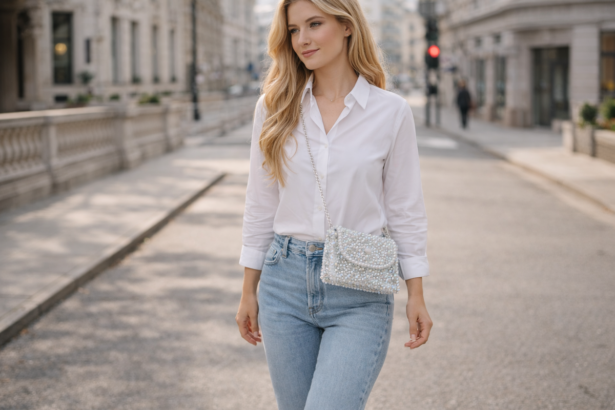 Девушка в белой рубашке и джинсах, в руках сумочка из бусин