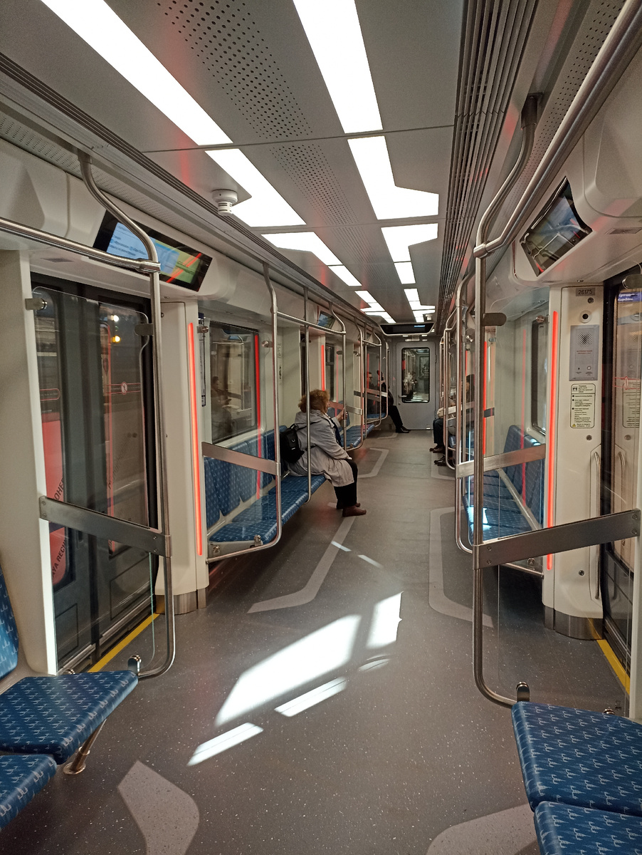 Внутри синего "Балтийца". Здесь синие сиденья. Возле деревьев мигает краснаые лампочки при закрытии дверей У открытых дверй лампочки зелёные 