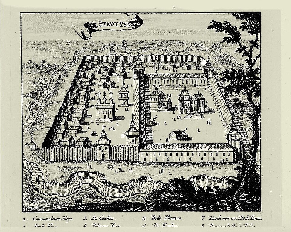 Карта Пелымского острога. Гравюра Николааса Витсена. Иллюстрация из открытых источников. Вот только, когда сюда привезли братьев Романовых, острог был только что возведен. А вот к концу XVII века острог появился и на русских картах - сын тобольского боярина Семена Ремезова впервые составил "Чертежную карту Сибири". (листайте галерею)