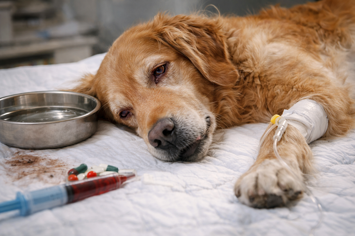 Собака в ветеринарной клинике на капельнице