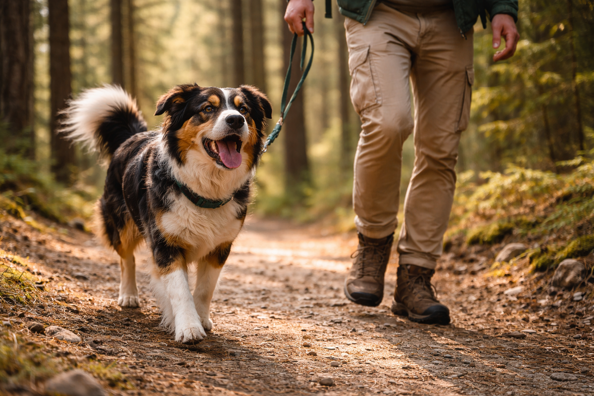 Собака гуляет по лесу с хозяином 